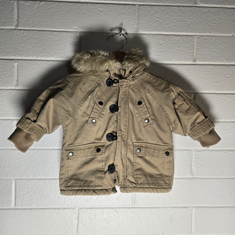 The Children's Place Parka Jacket Cotton Faux Fur Hood Tan Cabincore Winter 12M